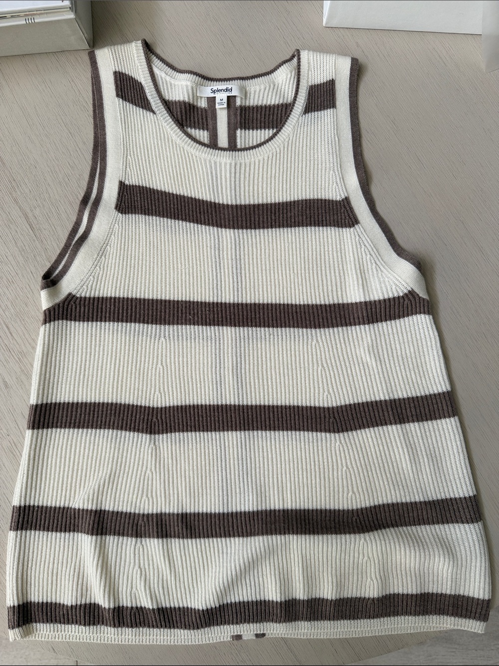Splendid Cashmere Cream and Brown Striped Rib Knit Tank